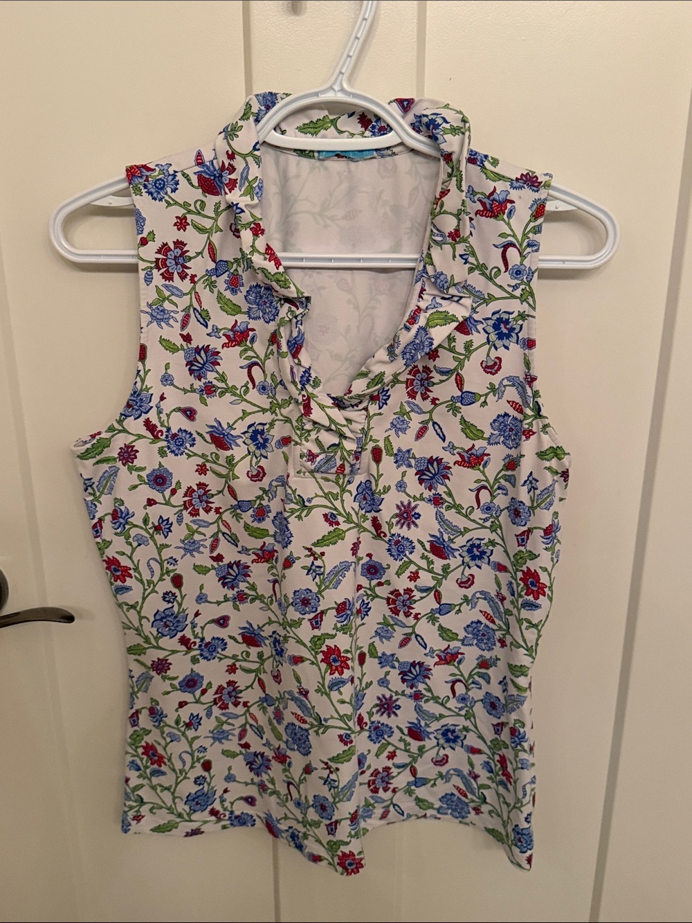 J. McLaughlin White Floral Ruffle-Neck Sleeveless Top